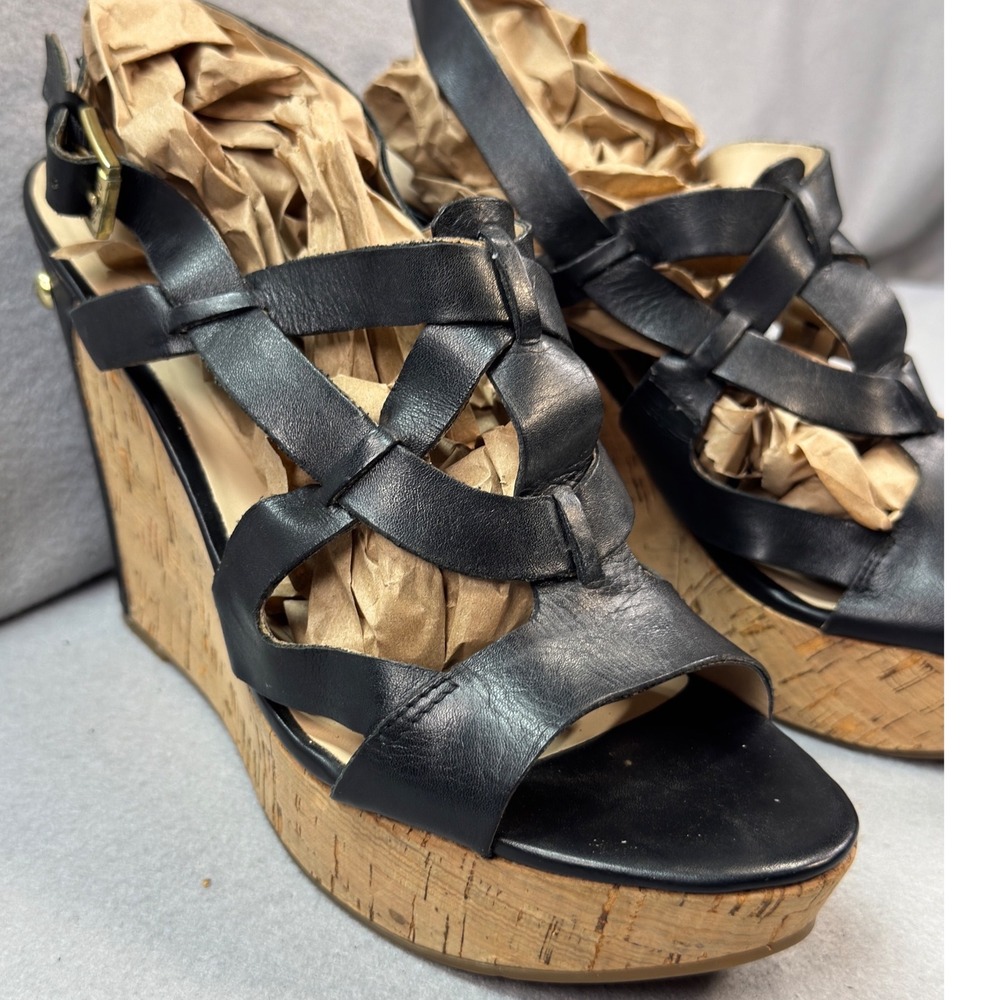 Boho Black Gold Guess Wedge Sandals Womens 10 Leather Cork Platform Strappy - Picture 9 of 9